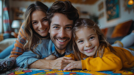 Happy family enjoying board game together at home