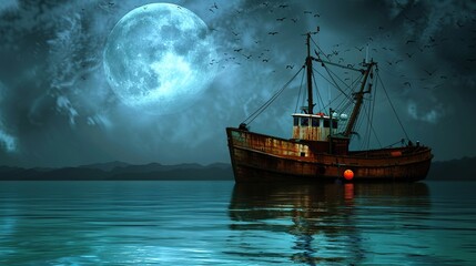 Fototapeta premium Fishing boats are overwhelmingly in the midst of the sea. Generative Ai