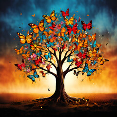 art tree with butterflies for your design sunset blue and black baground ,