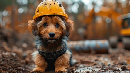 A cute dog wearing a checkered bandana and a hard hat at a construction site with heavy machinery...