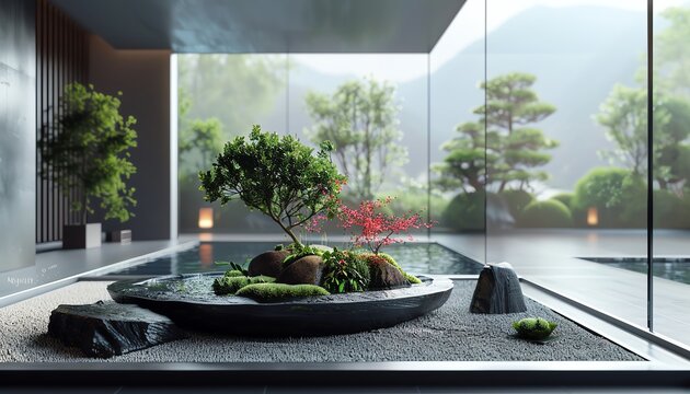 Design a serene Zen garden floating in the vastness of space, with sleek minimalist elements, showcasing tranquility and wonder