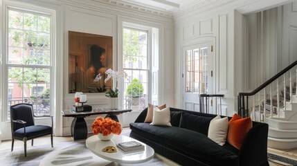 Vibrant artwork hangs in the living room featuring a black sofa and white walls, creating a striking contrast and focal point in the minimalist decor.