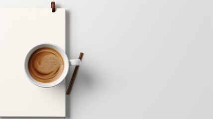 Coffee cup and notebook on white table, ample text space