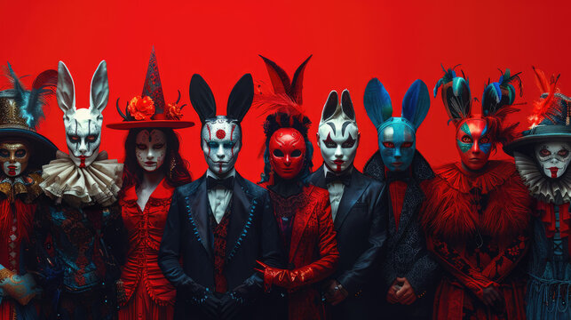 Costumed revelers attend extravagant parties, masquerading as their favorite characters from folklore, literature, and pop culture. generative ai