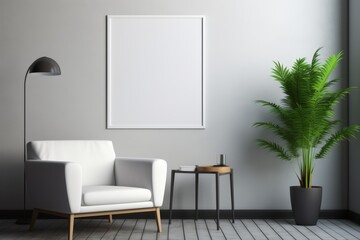 Blank poster on a wall in a modern office, sleek furniture, bright lighting