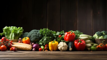 Freshly harvested vegetables arranged on a wooden table, farm background, copy space,