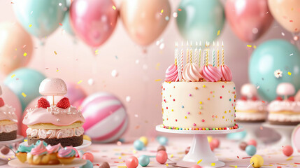 Happy birthday website banner for home page with 3d round shaped balloons background