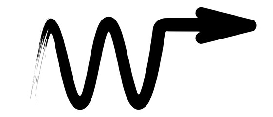 Arrow. Sketch. The black zigzag arrow points to the right. Hand drawn W sign. Vector illustration. Directional signs made from brush strokes. Outline on isolated white background. Doodle and grunge 