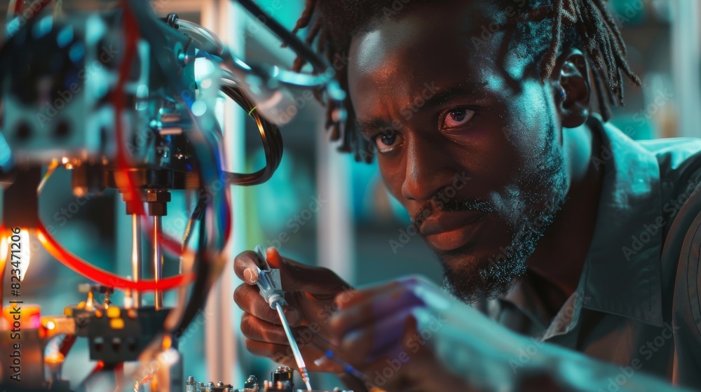 Poster developing a robot dog concept using a screwdriver. black specialist working in a high tech research