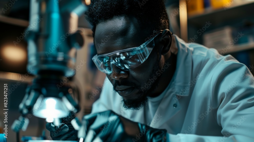 Poster african engineer using a screwdriver to construct a robot dog concept in a high-tech research labora