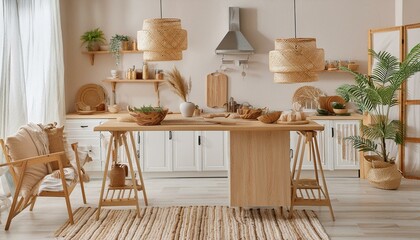 Modern boho style kitchen with boho decorations