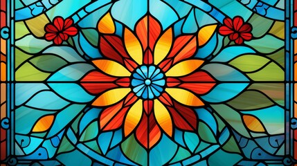 Intricate primary tone mandala backdrop with vivid and colorful stained glass artistry