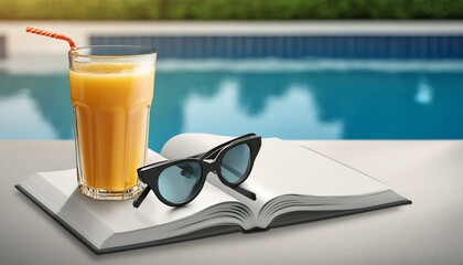 Close up of sunglasses with juice on a book next to a swimming pool with blue clear water - Powered by Adobe