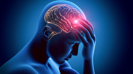 A man with a red head is shown in a blue background. The man is holding his head and he is in pain. Concept of discomfort and distress