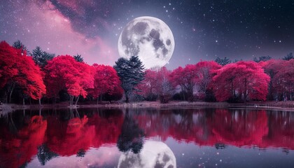 Moon trippy forest with red trees, full moon, dark purple sky, stars and lake reflecting the landscape; a fantastic place for meditation moon nuit, ciel, lune, star, star, paysage, nature moon