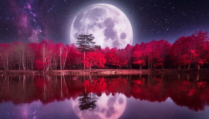 Moon trippy forest with red trees, full moon, dark purple sky, stars and lake reflecting the landscape; a fantastic place for meditation moon nuit, ciel, lune, star, star, paysage, nature moon