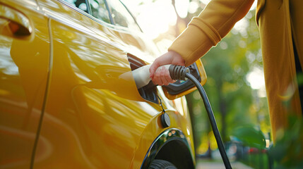 A close-up shot of a hand plugging a charging cable into an electric vehicle at a charging station, with environment in the background