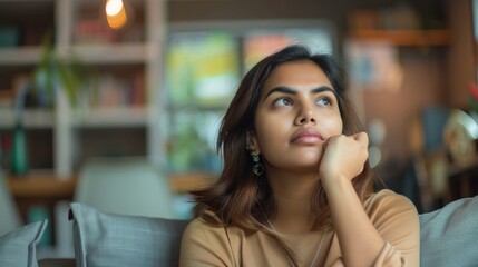 Indian female deep in thought while seated on a living room sofa