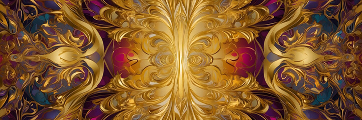 This image features an elaborate symmetrical pattern with golden hues and a luxurious feel, perfect for a sophisticated backdrop