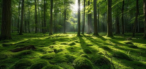 Lush green forest with sunlight filtering through the trees and a carpet of moss