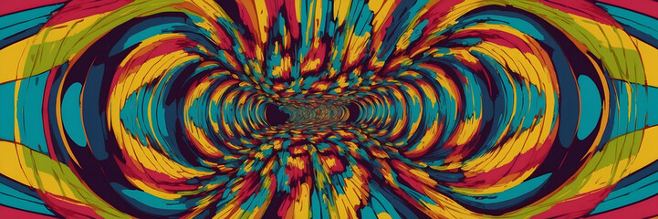 The image captures a visually stimulating abstract pattern with swirling vortex-like shapes in multiple colors