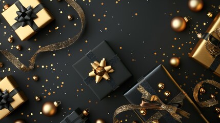 The modern header banner template for black and gold luxury Christmas flat lay illustrations with confetti and gift boxes