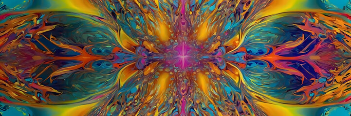 A dazzling kaleidoscopic image featuring a burst of bright colors and intricate abstract patterns
