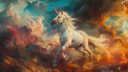 An ethereal unicorn in vibrant hues, blending seamlessly with dreamy clouds and surreal elements, showcasing mastery of color theory