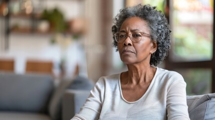 Senior African American woman deep in thought while seated on a couch in a home