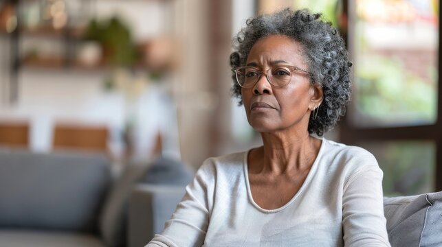 Senior African American woman deep in thought while seated on a couch in a home - Powered by Adobe