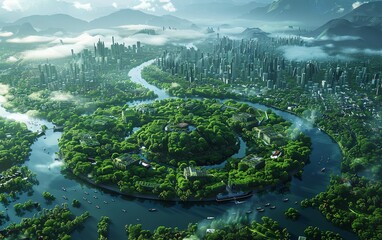 Capture a panoramic view of a utopian city nestled in lush greenery with pristine rivers