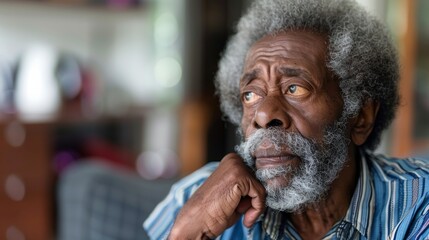 Elderly man with a gray beard wearing a blue shirt, lost in thought