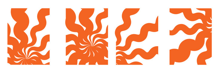 Sun groovy square design elements set. Various yellow floral hippie poster templates, hand drawn abstract wavy patterns in modern retro Matisse style. Vector illustration on transparent background