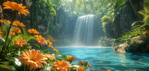 Lush tropical rainforest with dense vegetation, vibrant flowers, and a waterfall cascading into a crystalclear pool - Powered by Adobe