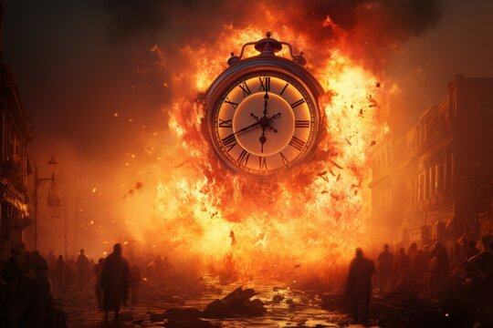 Striking image depicting an exploding clock amidst a fiery chaotic street scene