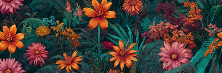 This image showcases a rich and detailed floral pattern with vibrant orange and pink flowers set against dark foliage