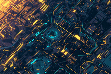 Intricate abstract design of a circuit board with glowing blue and gold components and lines in a complex pattern