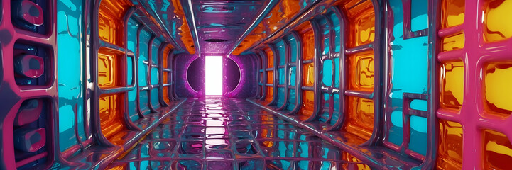 Obraz premium An image depicting a futuristic corridor with bright, neon colors and a reflective floor leading to a distant light