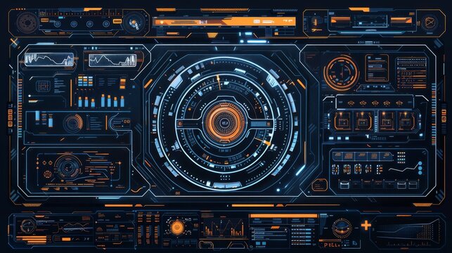 A sleek FUI interface design overlay that is designed for 16:9 resolution and includes a collection of HUD, UI, GUI interface elements modern. A sci-fi cockpit heads-up display designed.