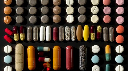 Collection of pills, capsules, gels, tablets, drugs, etc. on black.