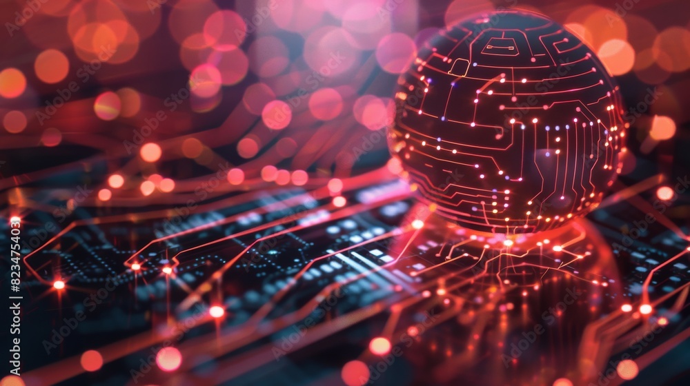 Poster template of a futuristic abstract sphere connected to a circuit board