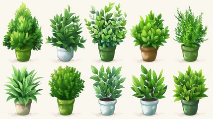 This flat modern illustration shows a set of garden green shrubbery plants isolated on white background.