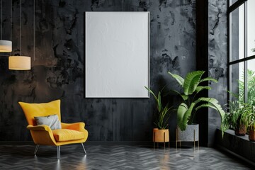 Minimalistic Urban Living Space with Blank Canvas and Yellow Accent Chair