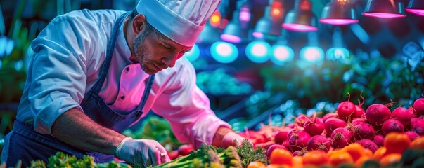 Anonymous chef picking fresh vegetables, neon lighting, vibrant farm, colorful produce, pop art style