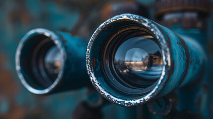 Antique binoculars close up. Vintage binoculars with blue paint and rust, closeup on lenses with a blurred background. - Powered by Adobe