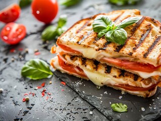 Grilled panini caprese sandwich with cheese and tomato with basil leaves on kitchen background.Macro.AI Generative.