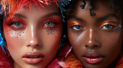 Obraz premium White and black model portrait side by side in masquerade makeup with sequins, fashion and fashion, carnival and masquerade. generative ai