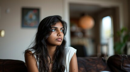 A young Indian woman deep in thought, sitting on a couch and gazing into the distance