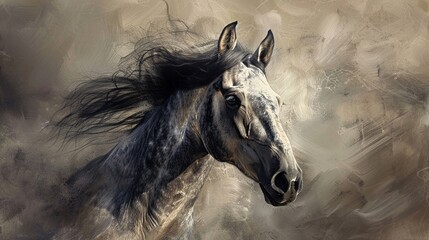 Grace and beauty of a horse in a captivating portrait, highlighting its flowing mane, expressive eyes, and strong physique. This high-resolution image is ideal for equestrian enthusiasts, equine-theme