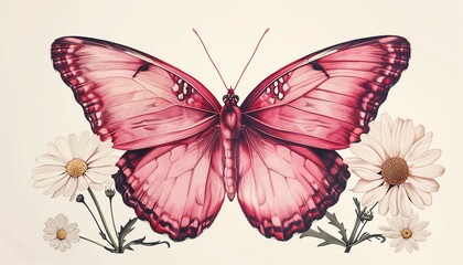 Obraz premium Minimalist pink butterfly line art with daisies, bold lines, clean white background, simple art style